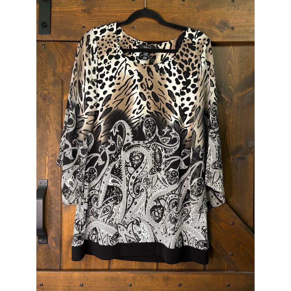 Style & Co women’s medium Blouse  Black Animal Paisley Flare Sleeve
